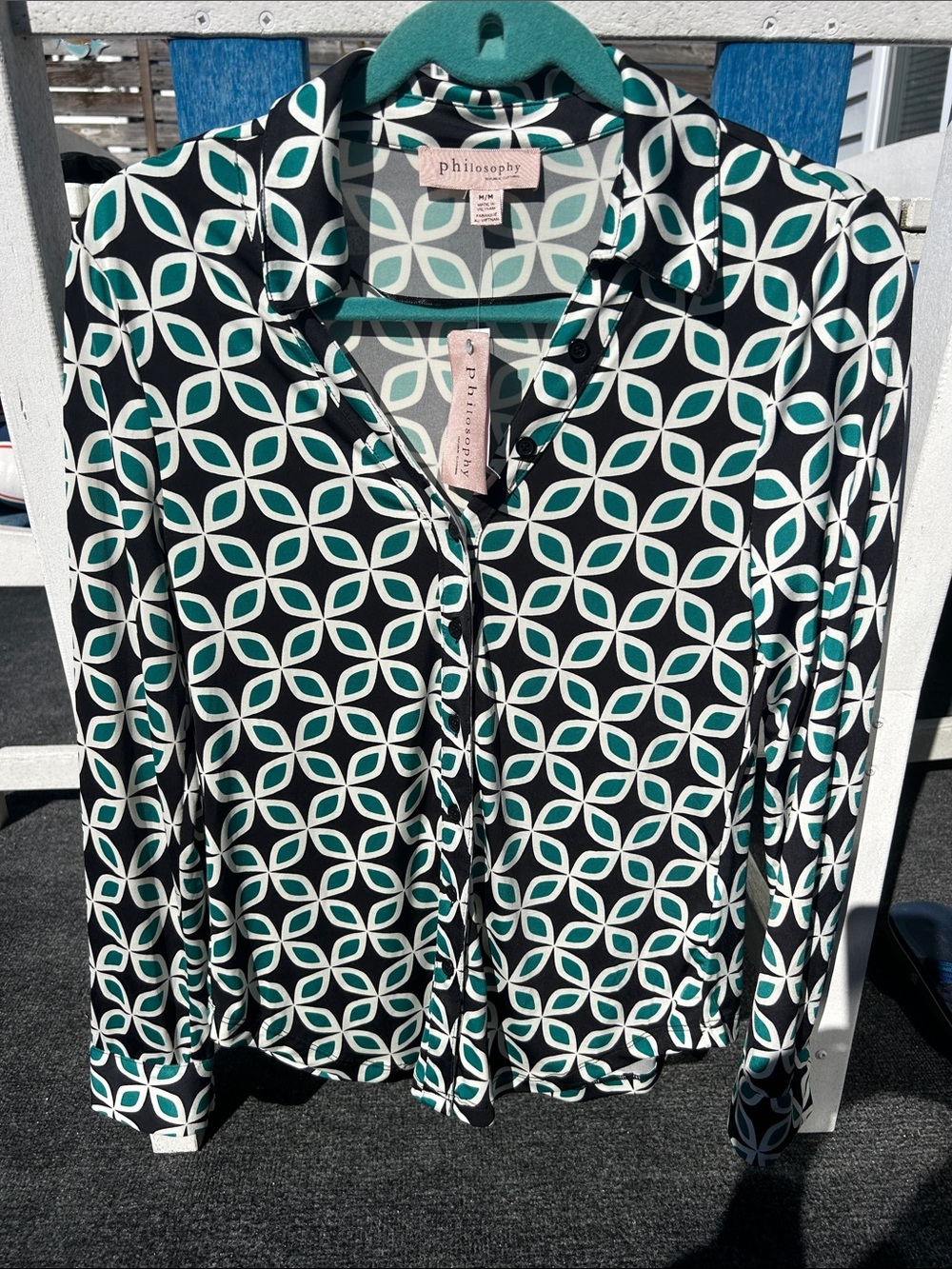 Philosophy Black Emerald White Geometric Button-Down Shirt Blouse V Neck NWT